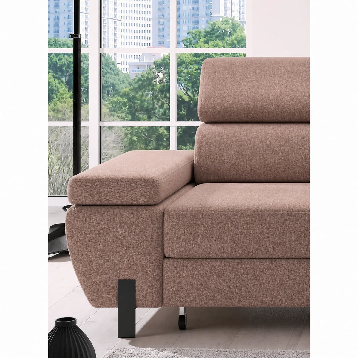 Coltar extensibil MOLINA MINI, sezlong dreapta, stofa catifelata maro - Palladium 04, cu lada depozitare, 277x189x90 cm