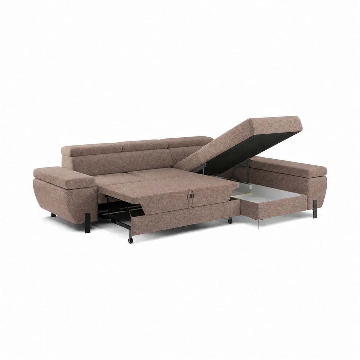 Coltar extensibil MOLINA MINI, sezlong dreapta, stofa catifelata maro - Palladium 04, cu lada depozitare, 277x189x90 cm