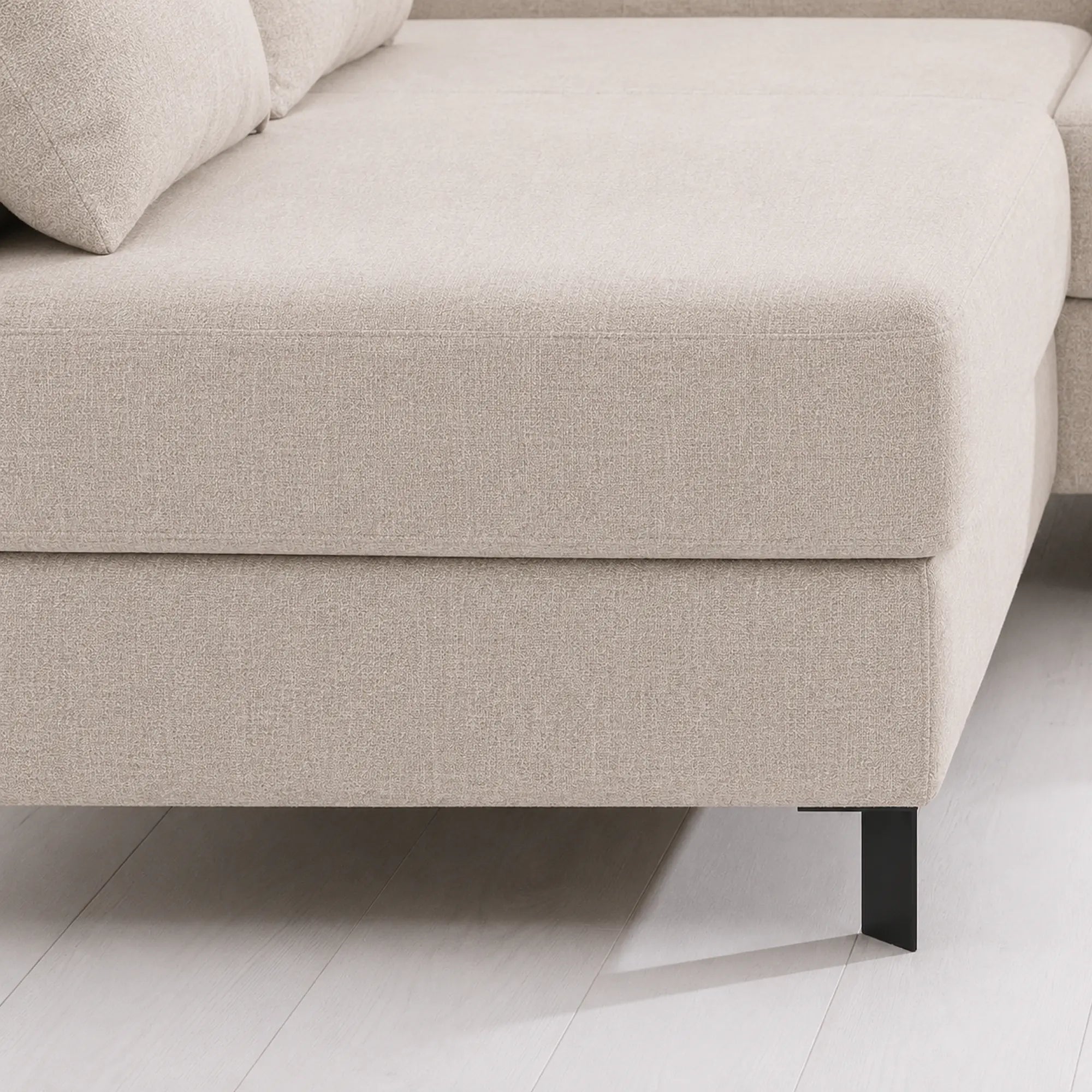 Coltar extensibil MOLINA MINI, sezlong stanga, stofa catifelata bej - Palladium 02, cu lada depozitare, 277x189x90 cm