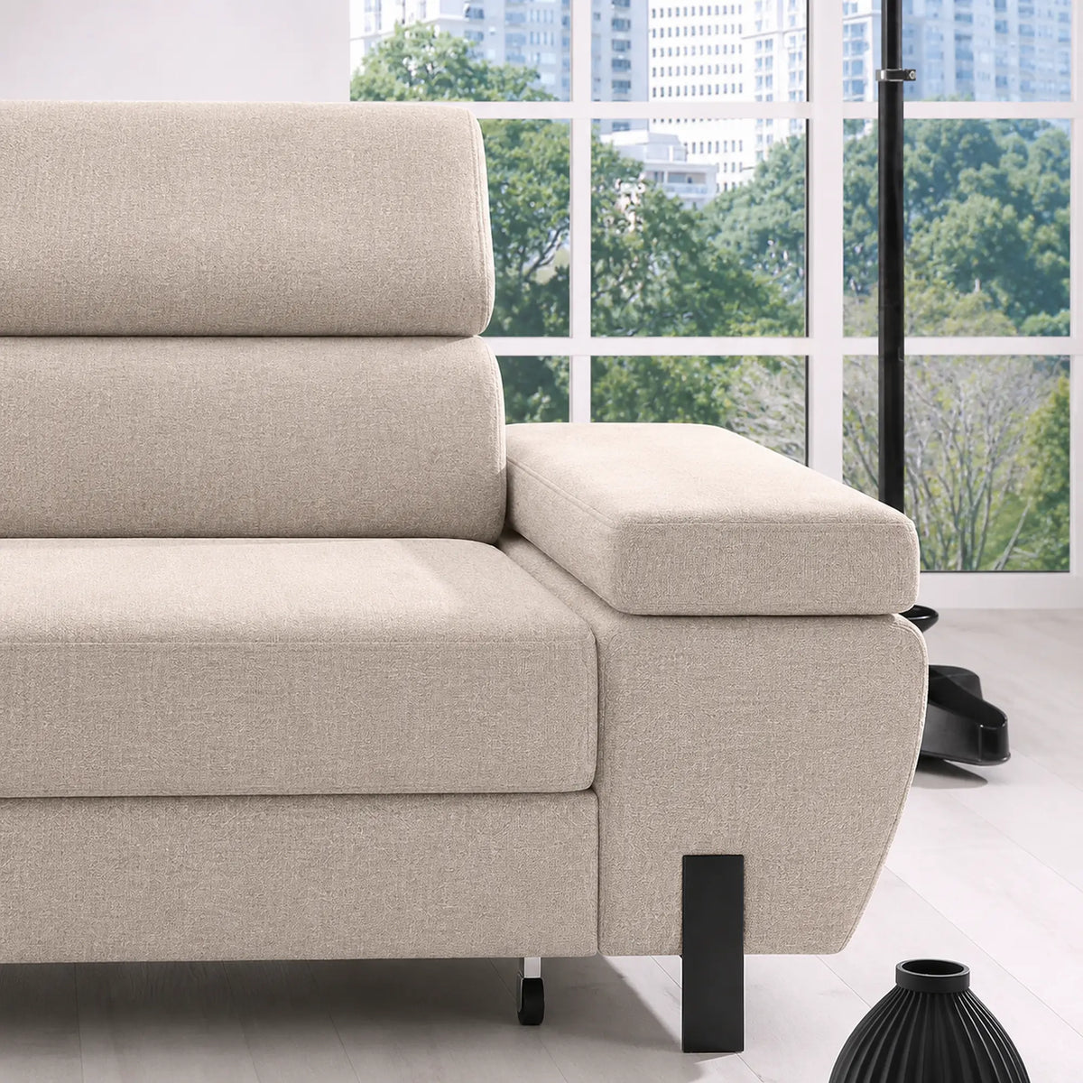 Coltar extensibil MOLINA MINI, sezlong stanga, stofa catifelata bej - Palladium 02, cu lada depozitare, 277x189x90 cm