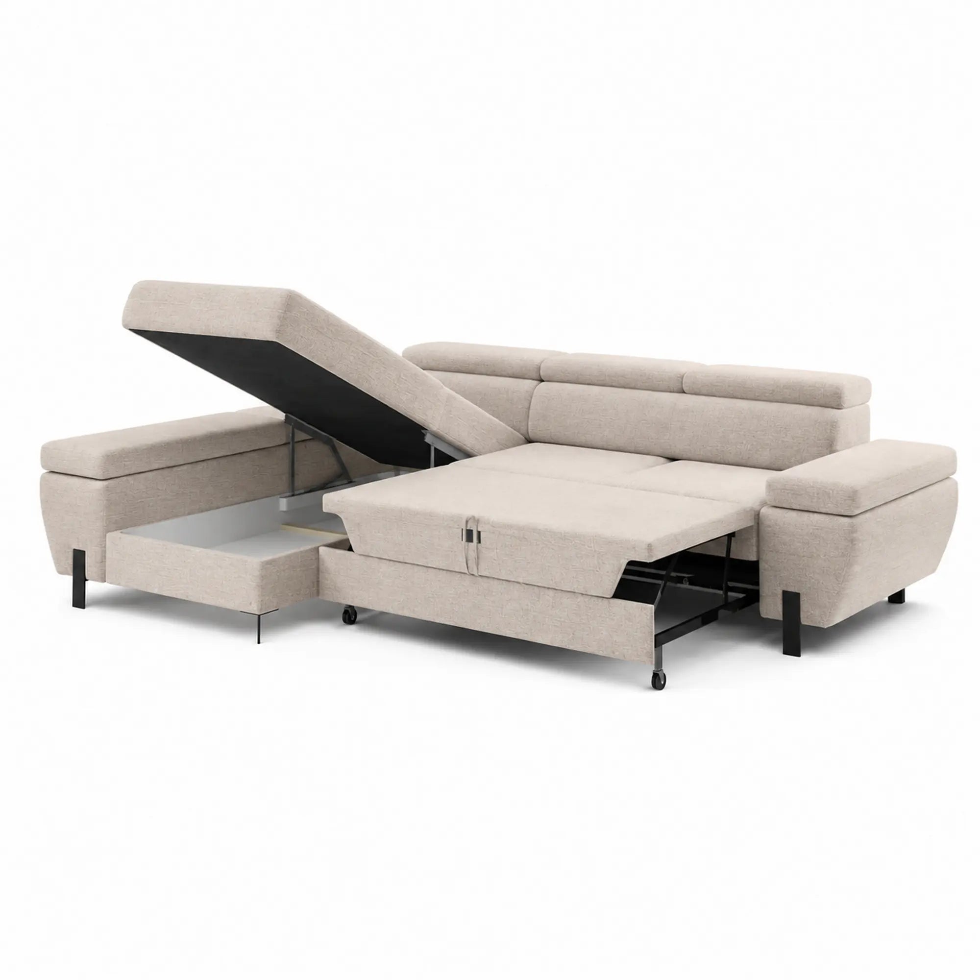 Coltar extensibil MOLINA MINI, sezlong stanga, stofa catifelata bej - Palladium 02, cu lada depozitare, 277x189x90 cm