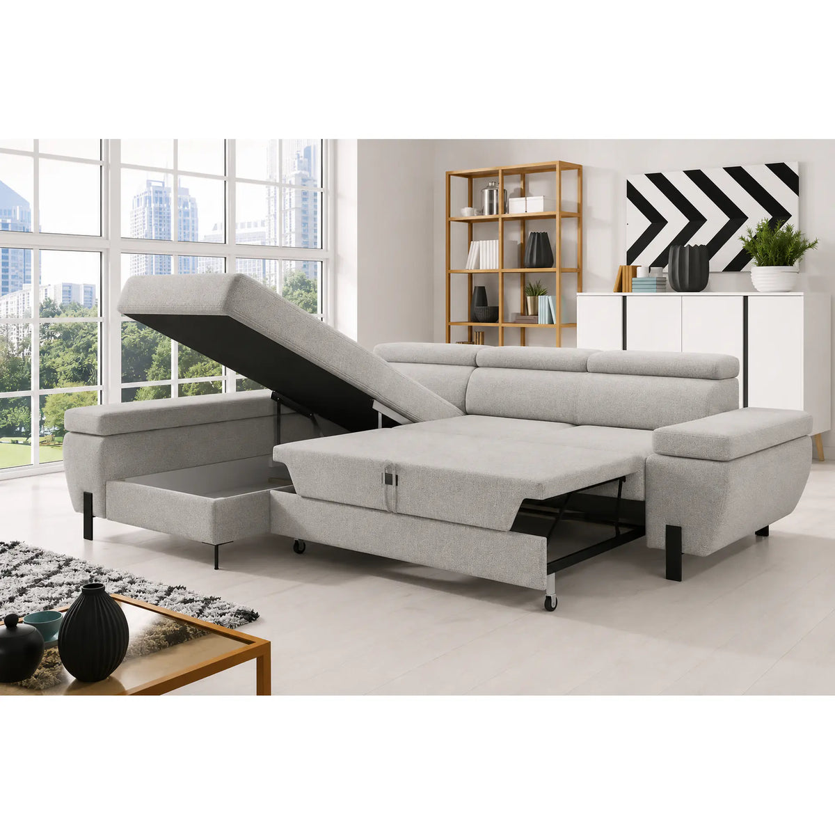 Coltar extensibil MOLINA MINI, sezlong stanga, stofa catifelata gri - Salvador 13, cu lada depozitare si tetiere reglabile, 277x189x90 cm