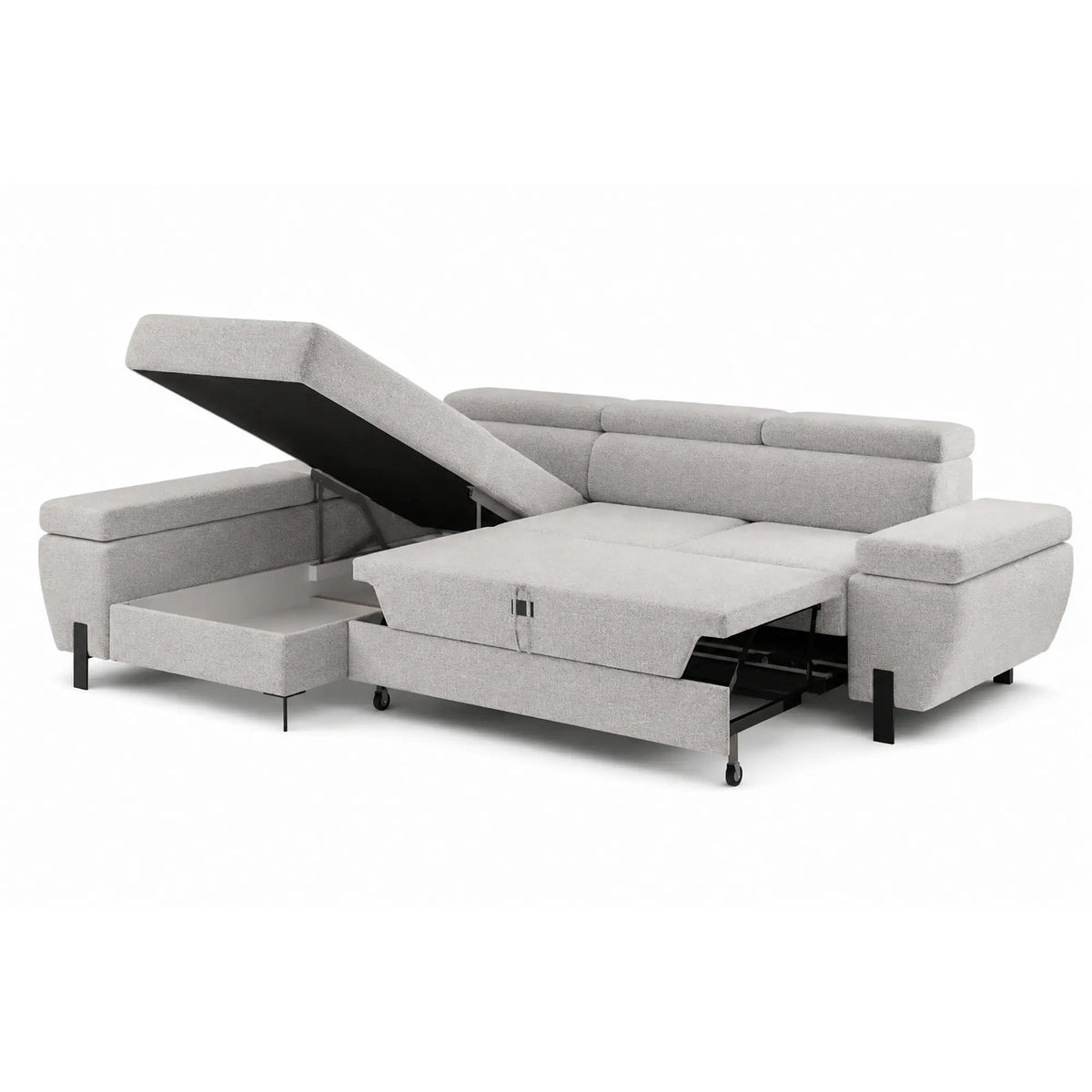 Coltar extensibil MOLINA MINI, sezlong stanga, stofa catifelata gri - Salvador 13, cu lada depozitare si tetiere reglabile, 277x189x90 cm