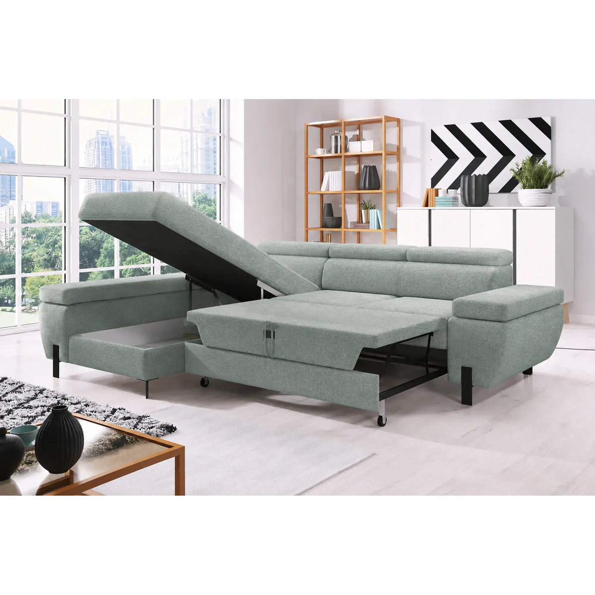 Coltar extensibil MOLINA MINI, sezlong stanga, stofa catifelata verde menta - Salvador 12, cu lada depozitare si tetiere reglabile, 277x189x90 cm