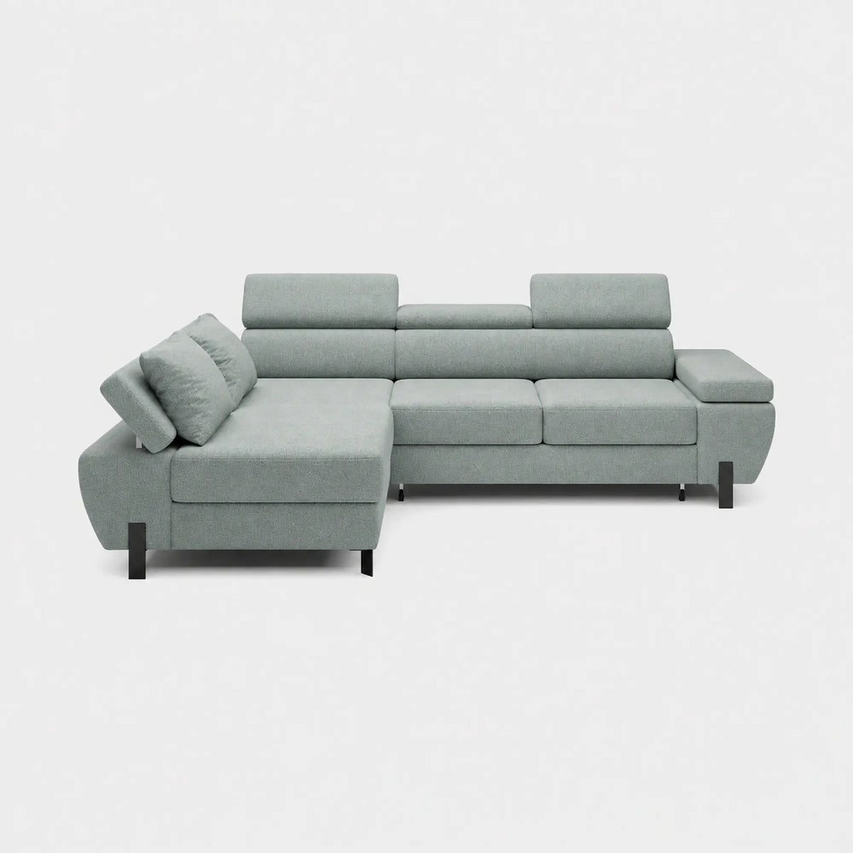 Coltar extensibil MOLINA MINI, sezlong stanga, stofa catifelata verde menta - Salvador 12, cu lada depozitare si tetiere reglabile, 277x189x90 cm