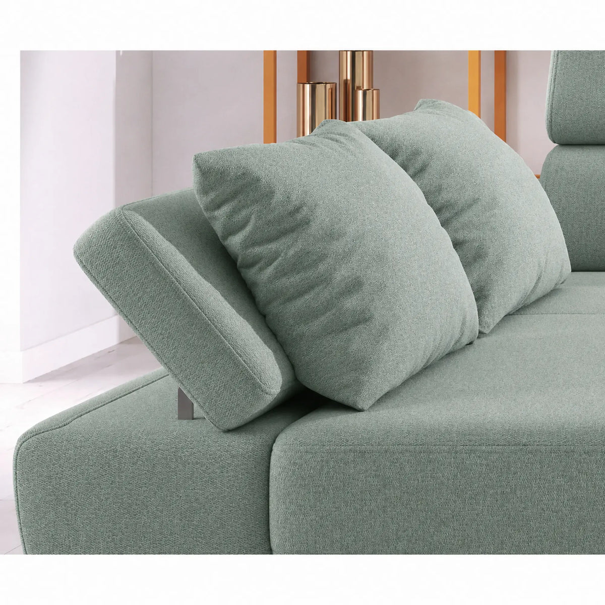 Coltar extensibil MOLINA MINI, sezlong stanga, stofa catifelata verde menta - Salvador 12, cu lada depozitare si tetiere reglabile, 277x189x90 cm
