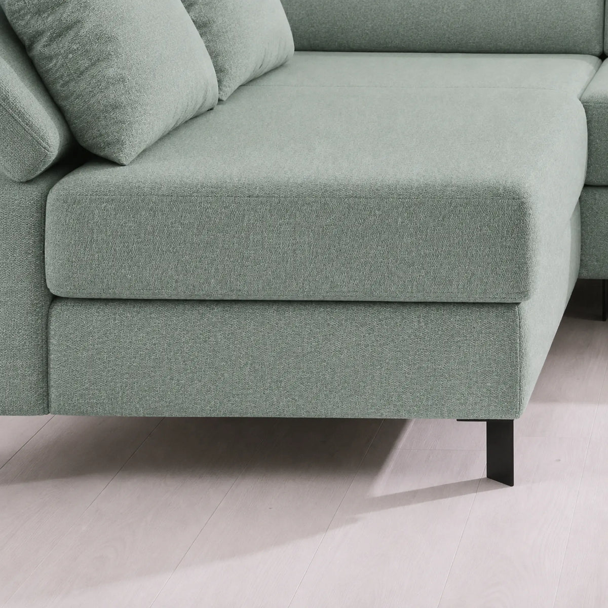 Coltar extensibil MOLINA MINI, sezlong stanga, stofa catifelata verde menta - Salvador 12, cu lada depozitare si tetiere reglabile, 277x189x90 cm