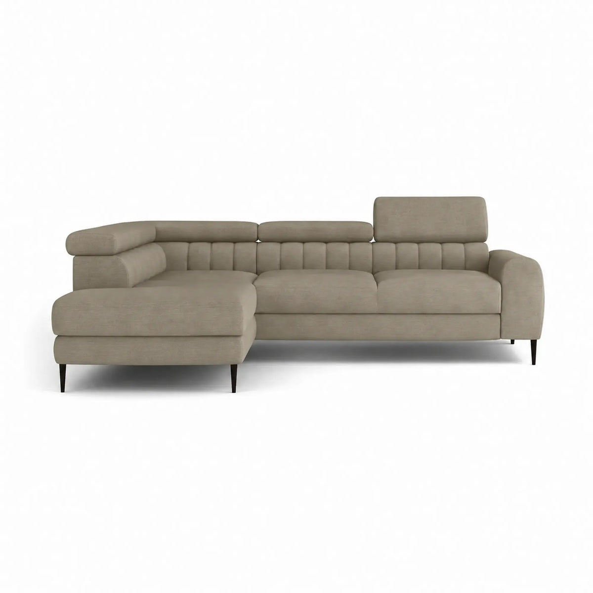 Coltar extensibil NAVAS L, sezlong stanga, stofa catifelata bej - Riviera 16, cu lada depozitare si tetiere reglabile, 246x175x86 cm