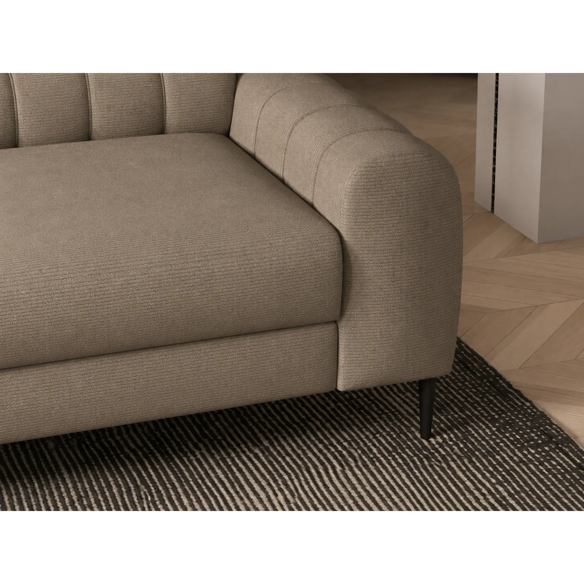 Coltar extensibil NAVAS L, sezlong stanga, stofa catifelata bej - Riviera 16, cu lada depozitare si tetiere reglabile, 246x175x86 cm