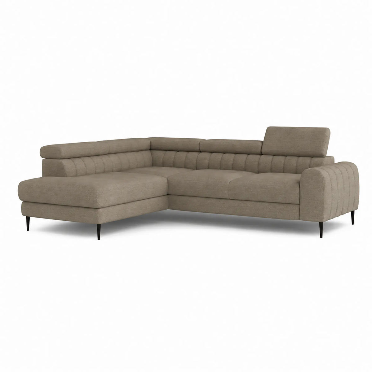 Coltar extensibil NAVAS L, sezlong stanga, stofa catifelata bej - Riviera 16, cu lada depozitare si tetiere reglabile, 246x175x86 cm