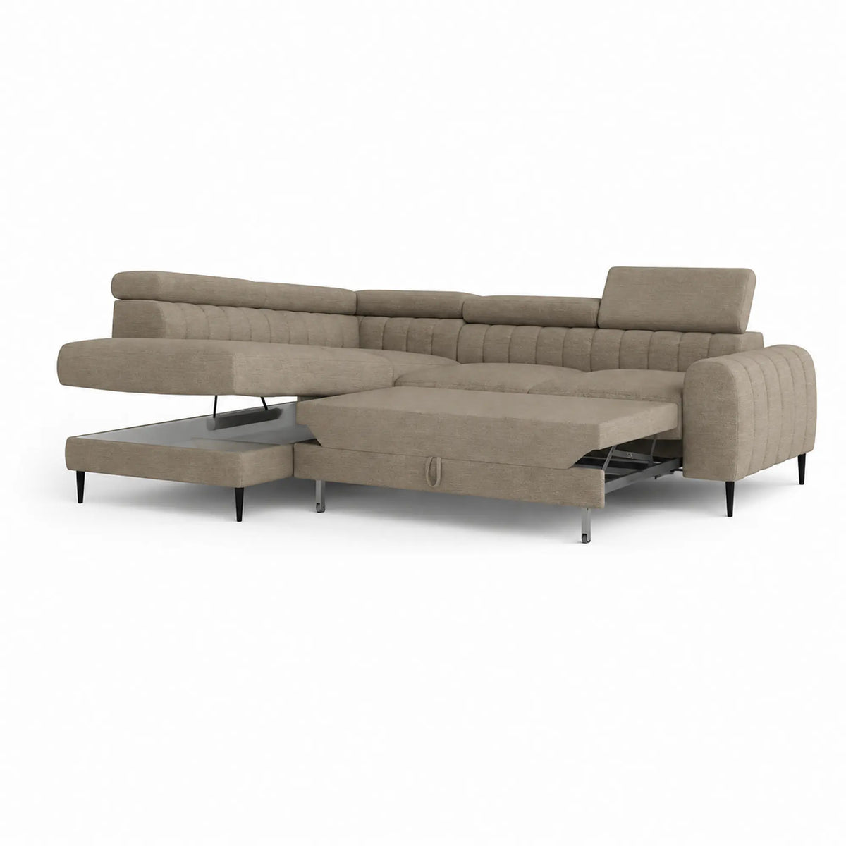 Coltar extensibil NAVAS L, sezlong stanga, stofa catifelata bej - Riviera 16, cu lada depozitare si tetiere reglabile, 246x175x86 cm