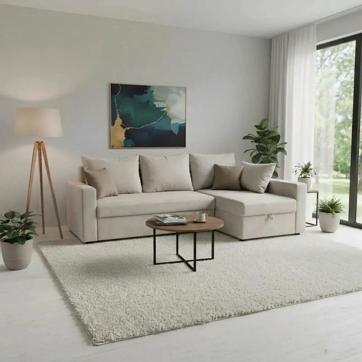 Coltar extensibil PREZEMEK IV, universal, stofa clasica bej, cu lada depozitare, 240x138x89 cm