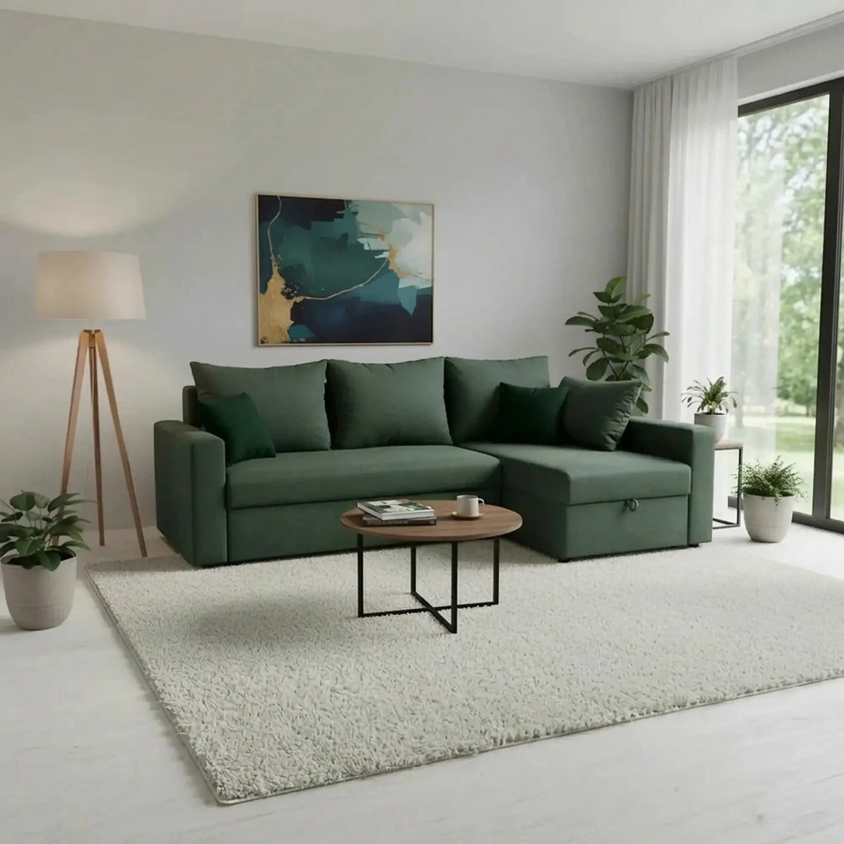Coltar extensibil PREZEMEK IV, universal, stofa clasica verde, cu lada depozitare, 240x138x89 cm