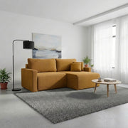 Coltar extensibil RUFIO, universal, stofa catifelata galben - Paso 01, cu lada depozitare, 230x146x91 cm