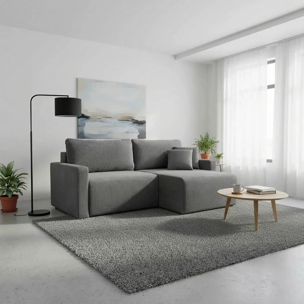 Coltar extensibil RUFIO, universal, stofa catifelata gri - Paso 22, cu lada depozitare, 230x146x91 cm