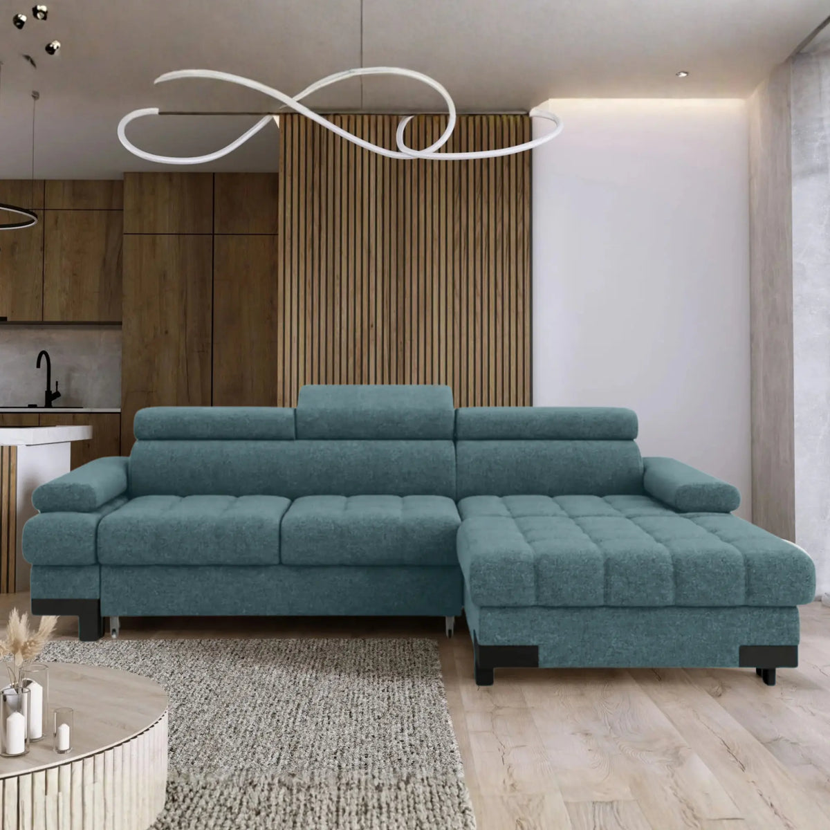 Coltar extensibil SELVA MINI, sezlong dreapta, stofa catifelata turcoaz inchis - Riviera 87, cu lada depozitare si tetiere reglabile, 270x173x95 cm