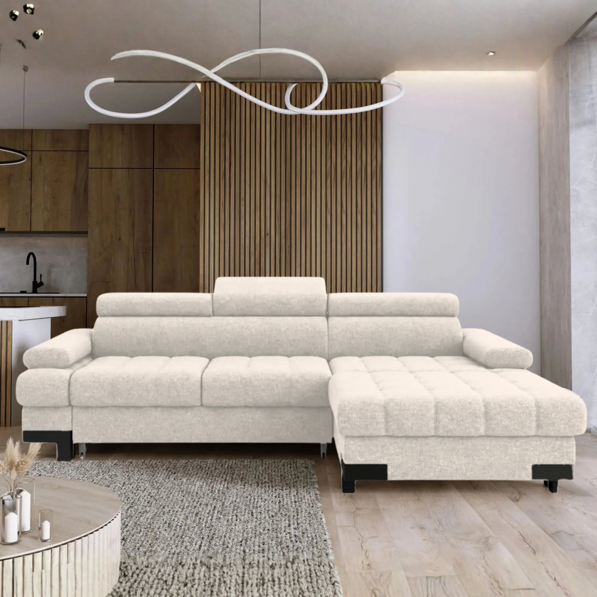 Coltar extensibil SELVA MINI, sezlong dreapta, stofa catifelata bej - Palladium 02, cu lada depozitare si tetiere reglabile, 270x173x95 cm