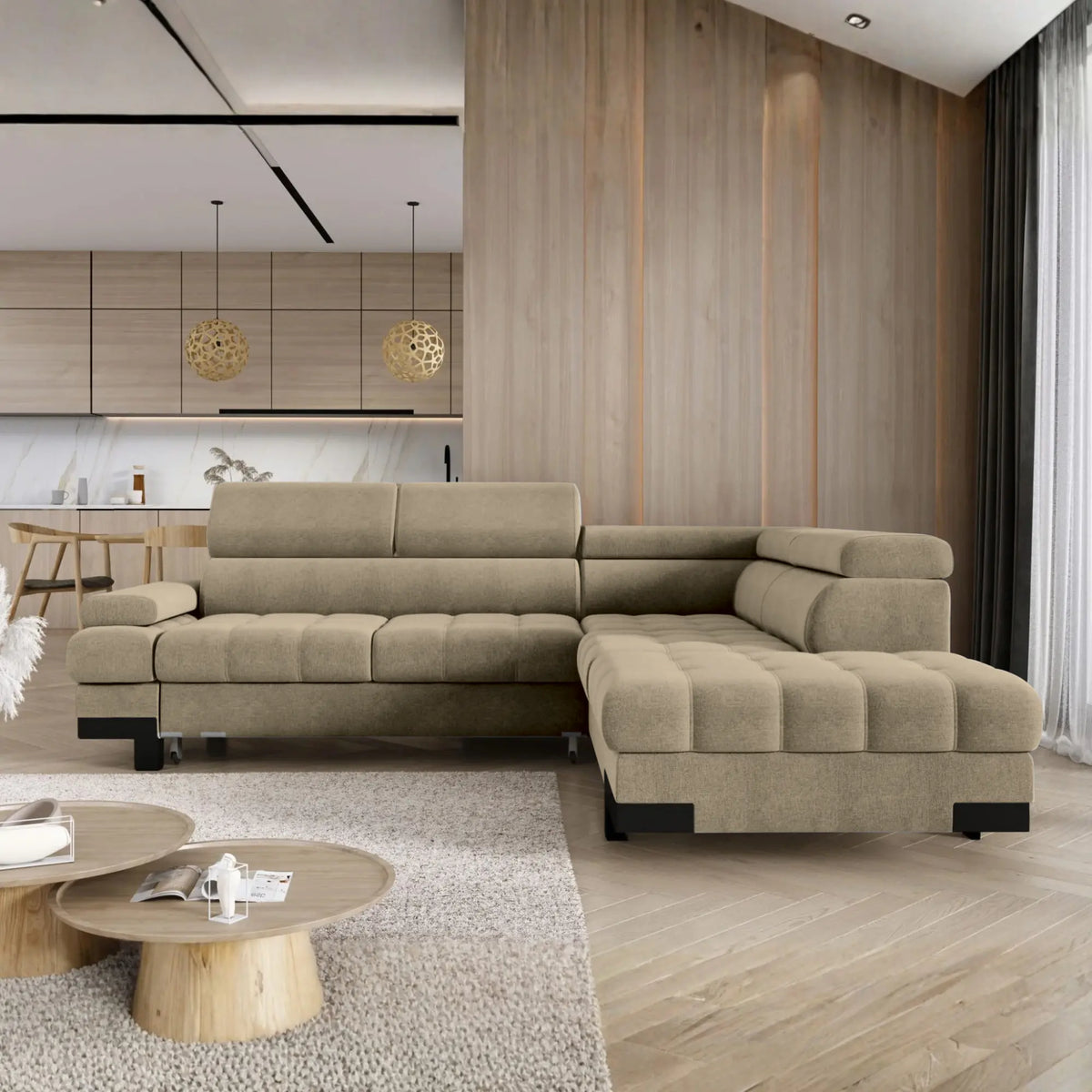 Coltar extensibil SELVA L, sezlong dreapta, stofa catifelata bej - Riviera 16, cu lada depozitare, 263x223x95 cm