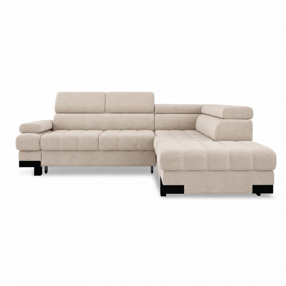 Coltar extensibil SELVA L, sezlong dreapta, stofa catifelata bej - Vogue 1, cu lada depozitare si tetiere reglabile, 263x223x95 cm