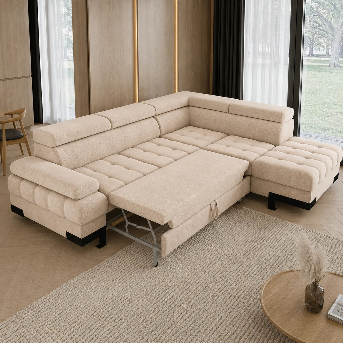 Coltar extensibil SELVA L, sezlong dreapta, stofa catifelata bej - Vogue 1, cu lada depozitare si tetiere reglabile, 263x223x95 cm