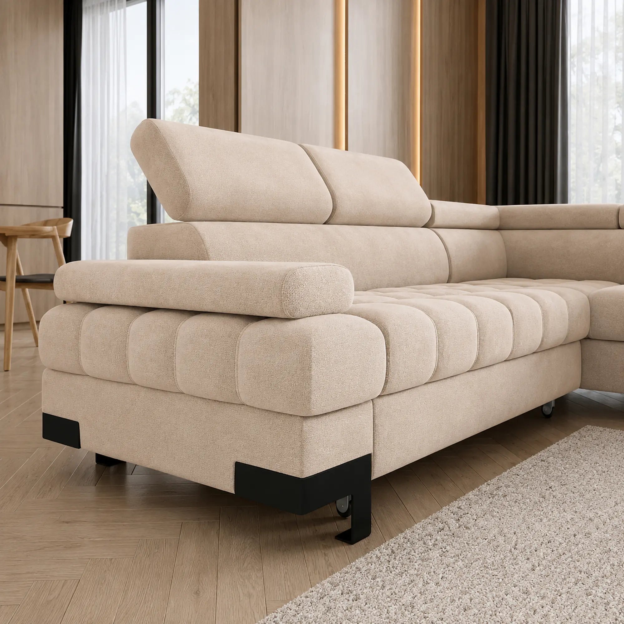 Coltar extensibil SELVA L, sezlong dreapta, stofa catifelata bej - Vogue 1, cu lada depozitare si tetiere reglabile, 263x223x95 cm