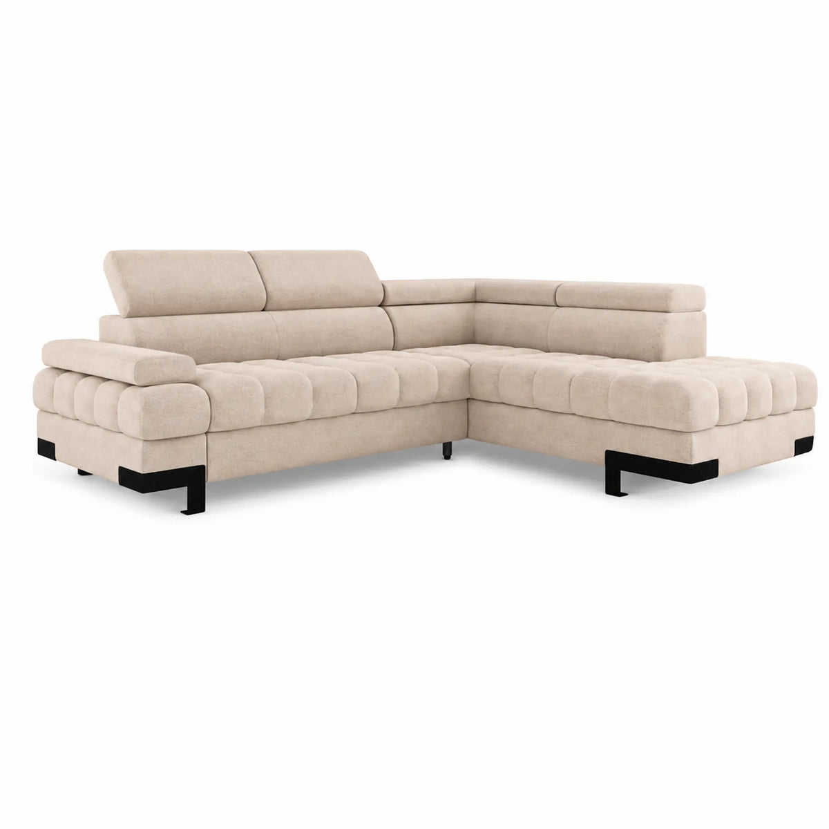 Coltar extensibil SELVA L, sezlong dreapta, stofa catifelata bej - Vogue 1, cu lada depozitare si tetiere reglabile, 263x223x95 cm