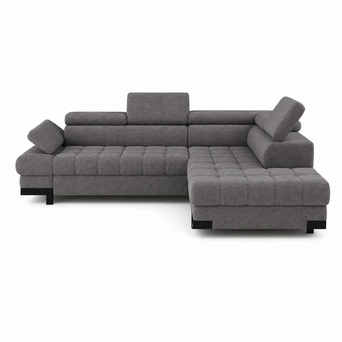 Coltar extensibil SELVA L, sezlong dreapta, stofa catifelata gri antracit - Salvador 15, cu lada depozitare si tetiere reglabile, 263x223x95 cm