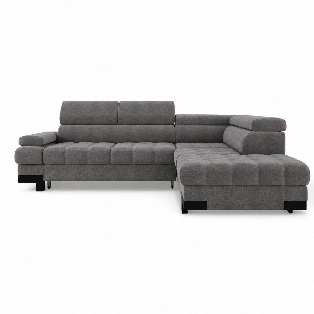 Coltar extensibil SELVA L, sezlong dreapta, stofa catifelata gri antracit - Salvador 15, cu lada depozitare si tetiere reglabile, 263x223x95 cm