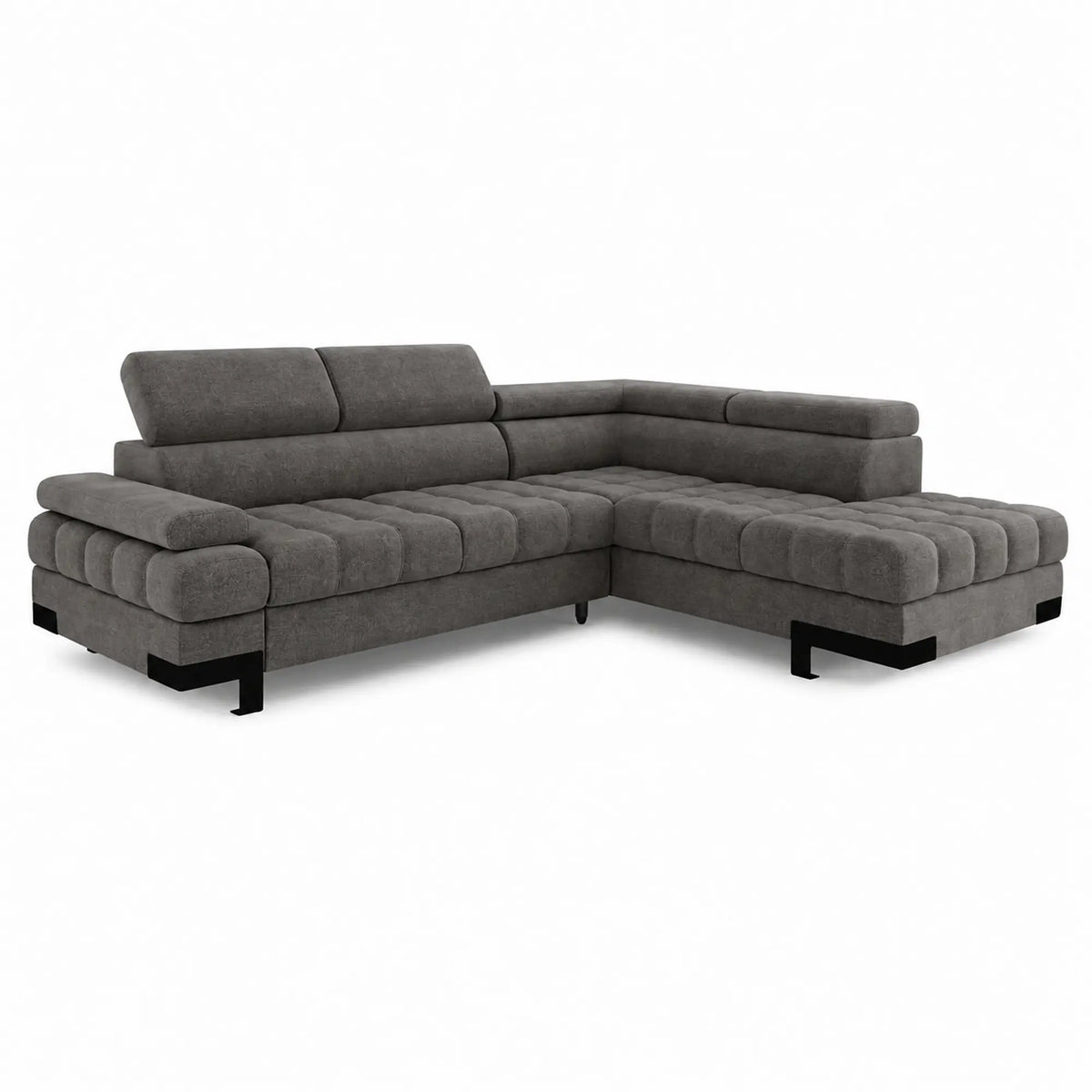 Coltar extensibil SELVA L, sezlong dreapta, stofa catifelata gri antracit - Salvador 15, cu lada depozitare si tetiere reglabile, 263x223x95 cm