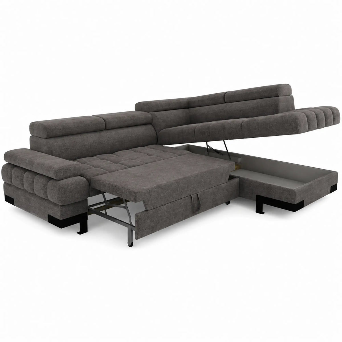 Coltar extensibil SELVA L, sezlong dreapta, stofa catifelata gri antracit - Salvador 15, cu lada depozitare si tetiere reglabile, 263x223x95 cm