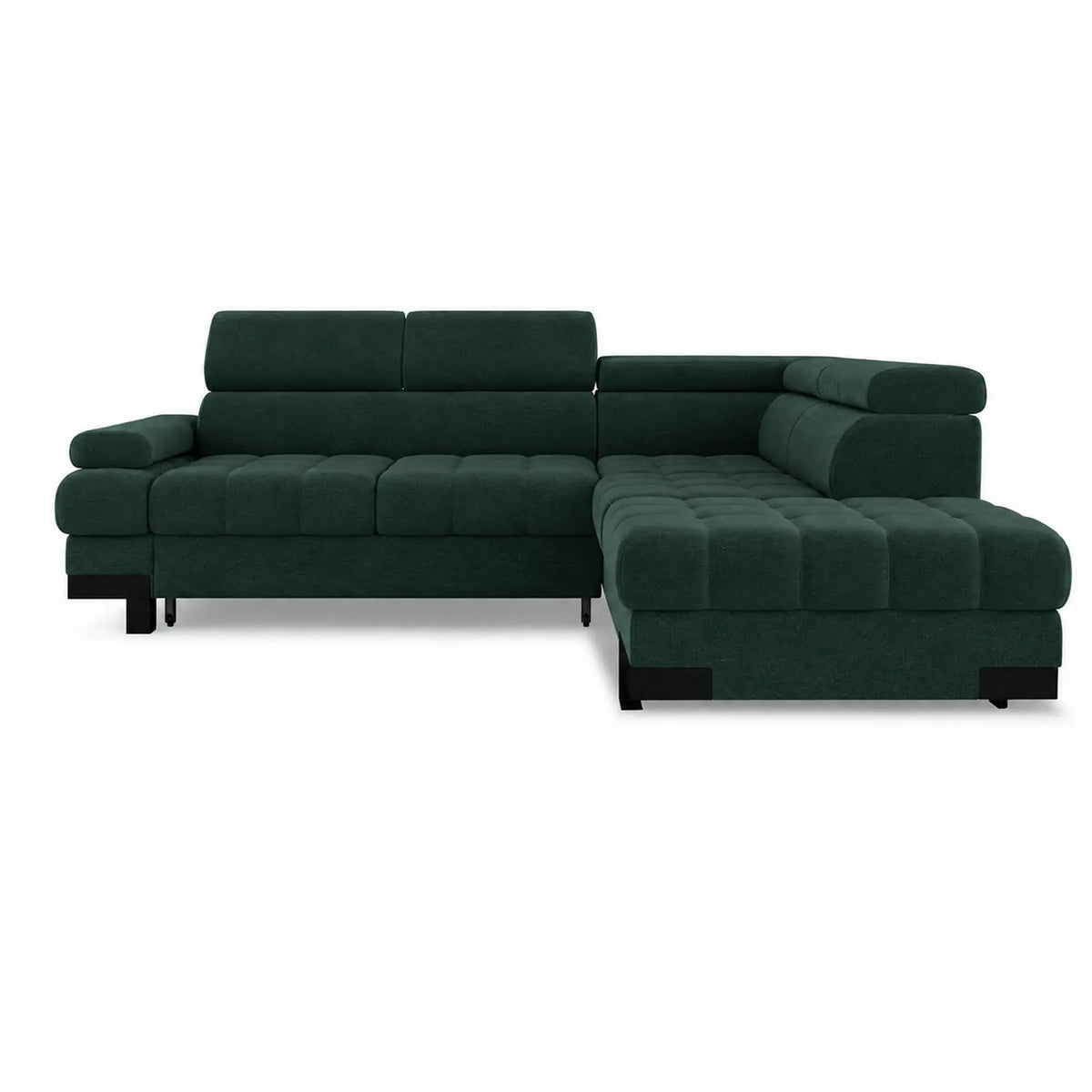 Coltar extensibil SELVA L, sezlong dreapta, stofa catifelata verde inchis - Element 12, cu lada depozitare si tetiere reglabile, 263x223x95 cm