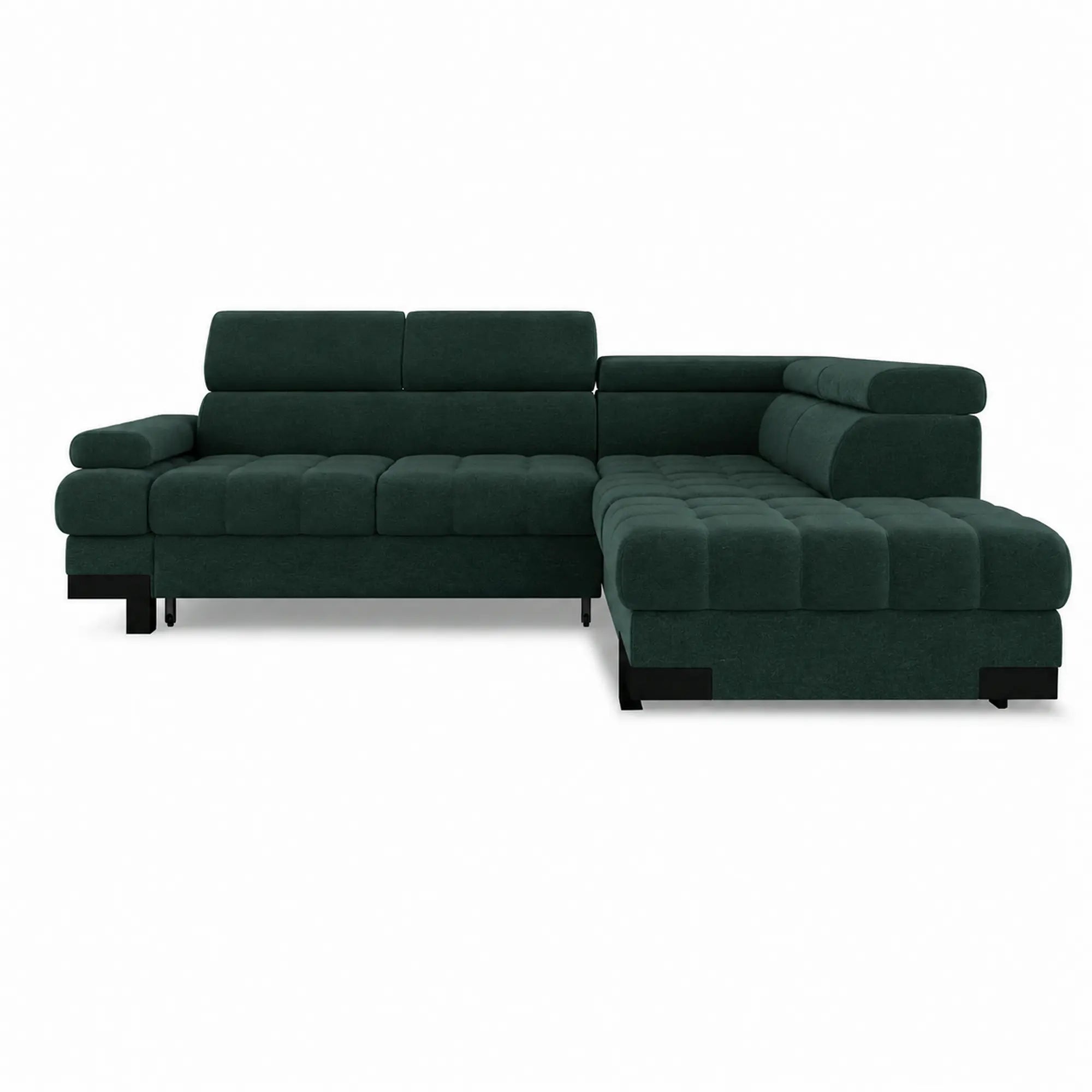 Coltar extensibil SELVA L, sezlong dreapta, stofa catifelata verde inchis - Element 12, cu lada depozitare si tetiere reglabile, 263x223x95 cm