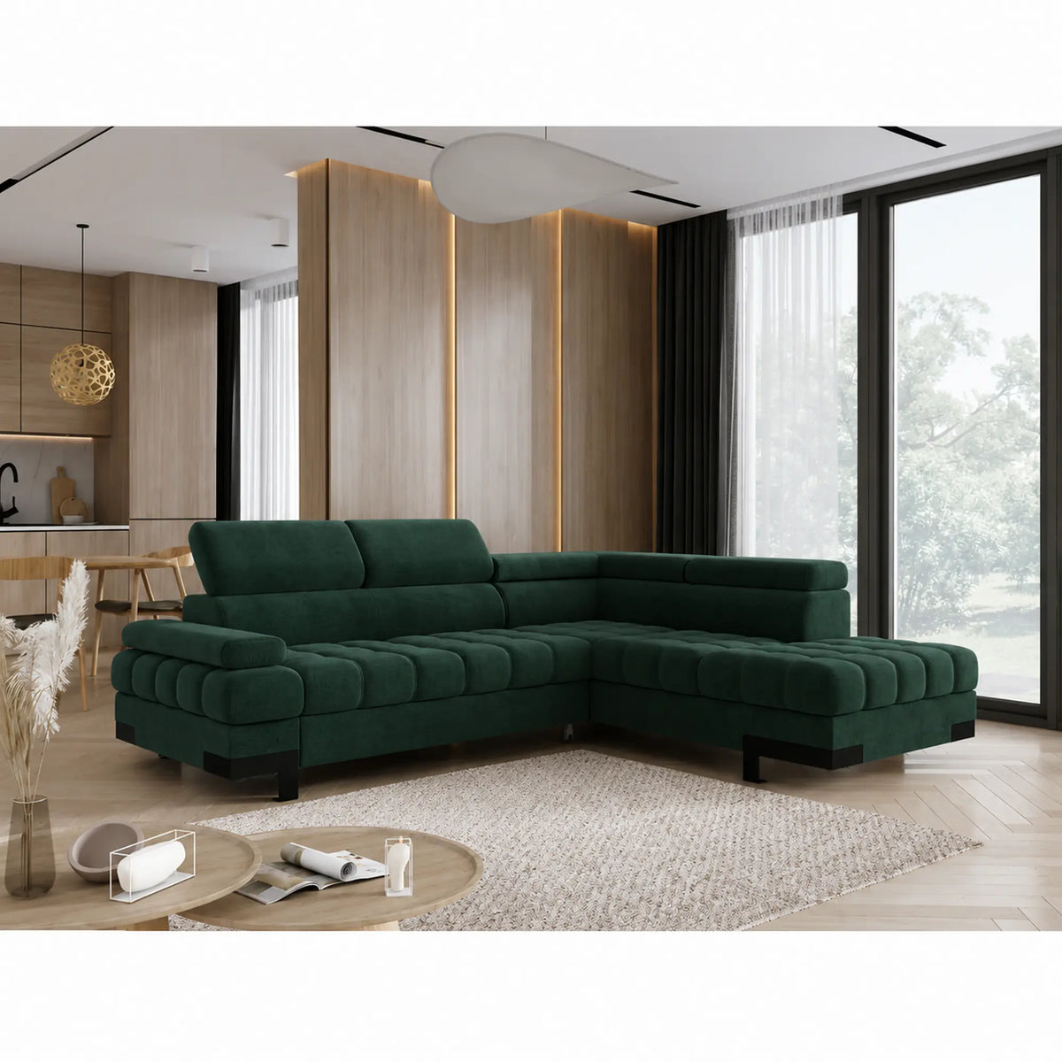 Coltar extensibil SELVA L, sezlong dreapta, stofa catifelata verde inchis - Element 12, cu lada depozitare si tetiere reglabile, 263x223x95 cm