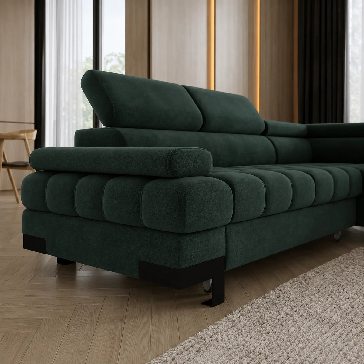 Coltar extensibil SELVA L, sezlong dreapta, stofa catifelata verde inchis - Element 12, cu lada depozitare si tetiere reglabile, 263x223x95 cm
