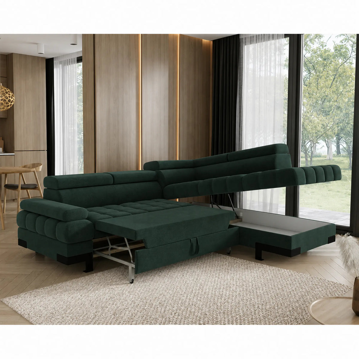 Coltar extensibil SELVA L, sezlong dreapta, stofa catifelata verde inchis - Element 12, cu lada depozitare si tetiere reglabile, 263x223x95 cm