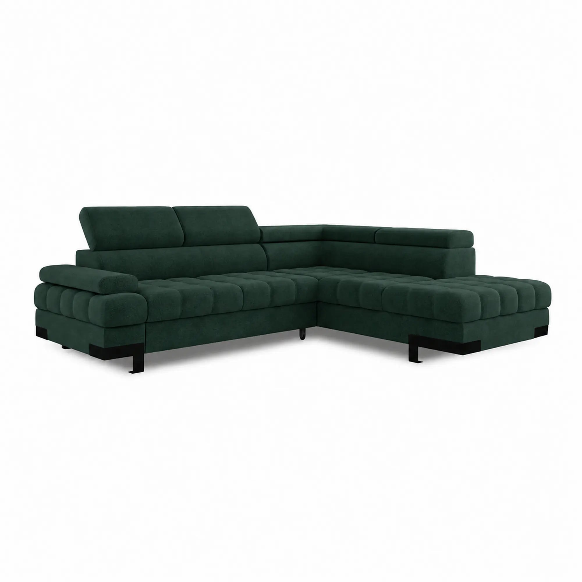 Coltar extensibil SELVA L, sezlong dreapta, stofa catifelata verde inchis - Element 12, cu lada depozitare si tetiere reglabile, 263x223x95 cm