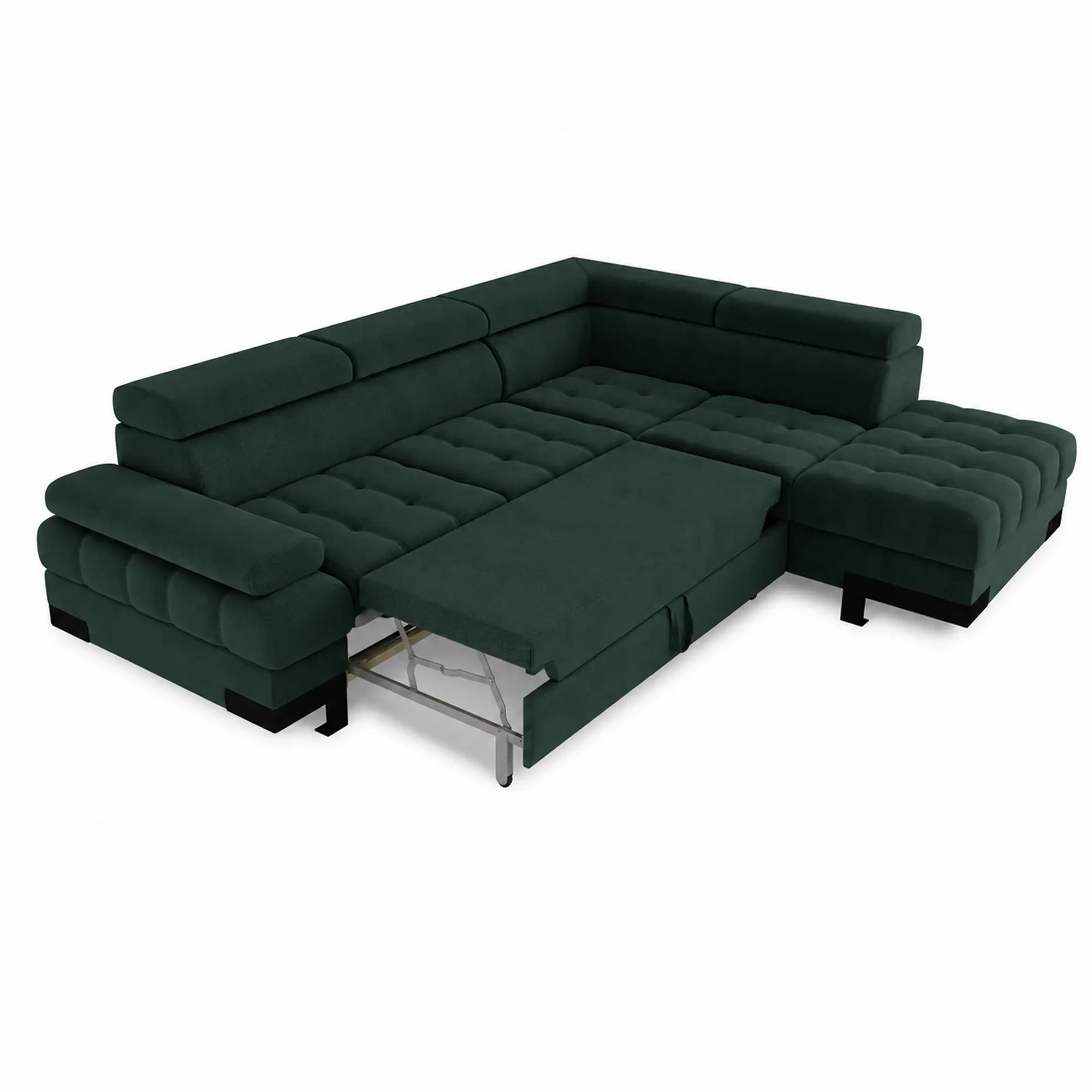 Coltar extensibil SELVA L, sezlong dreapta, stofa catifelata verde inchis - Element 12, cu lada depozitare si tetiere reglabile, 263x223x95 cm
