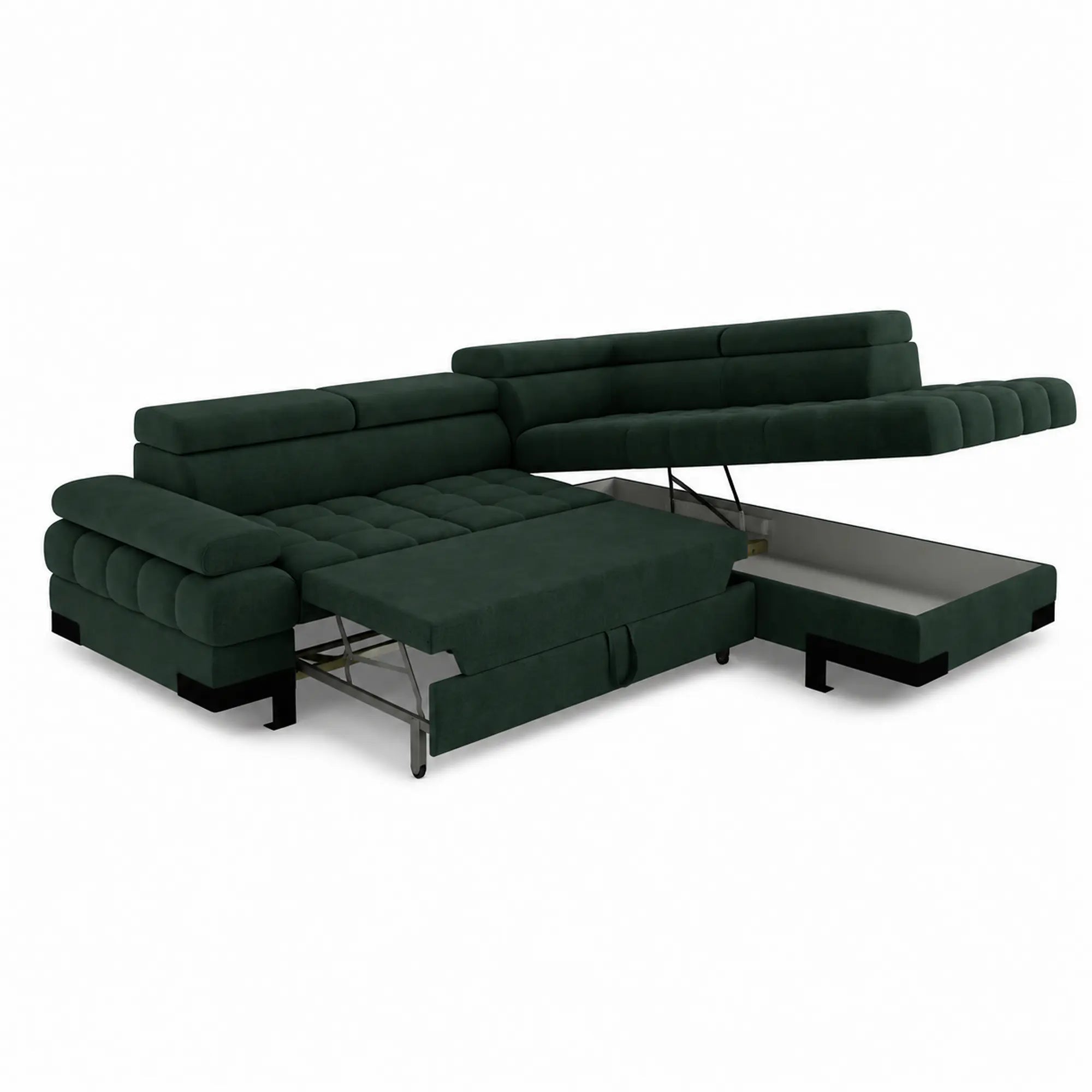 Coltar extensibil SELVA L, sezlong dreapta, stofa catifelata verde inchis - Element 12, cu lada depozitare si tetiere reglabile, 263x223x95 cm