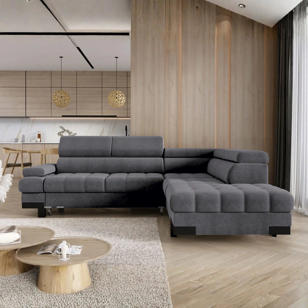 Coltar extensibil SELVA L, sezlong dreapta, stofa clasica gri - Austin 19, cu lada depozitare, 263x223x95 cm