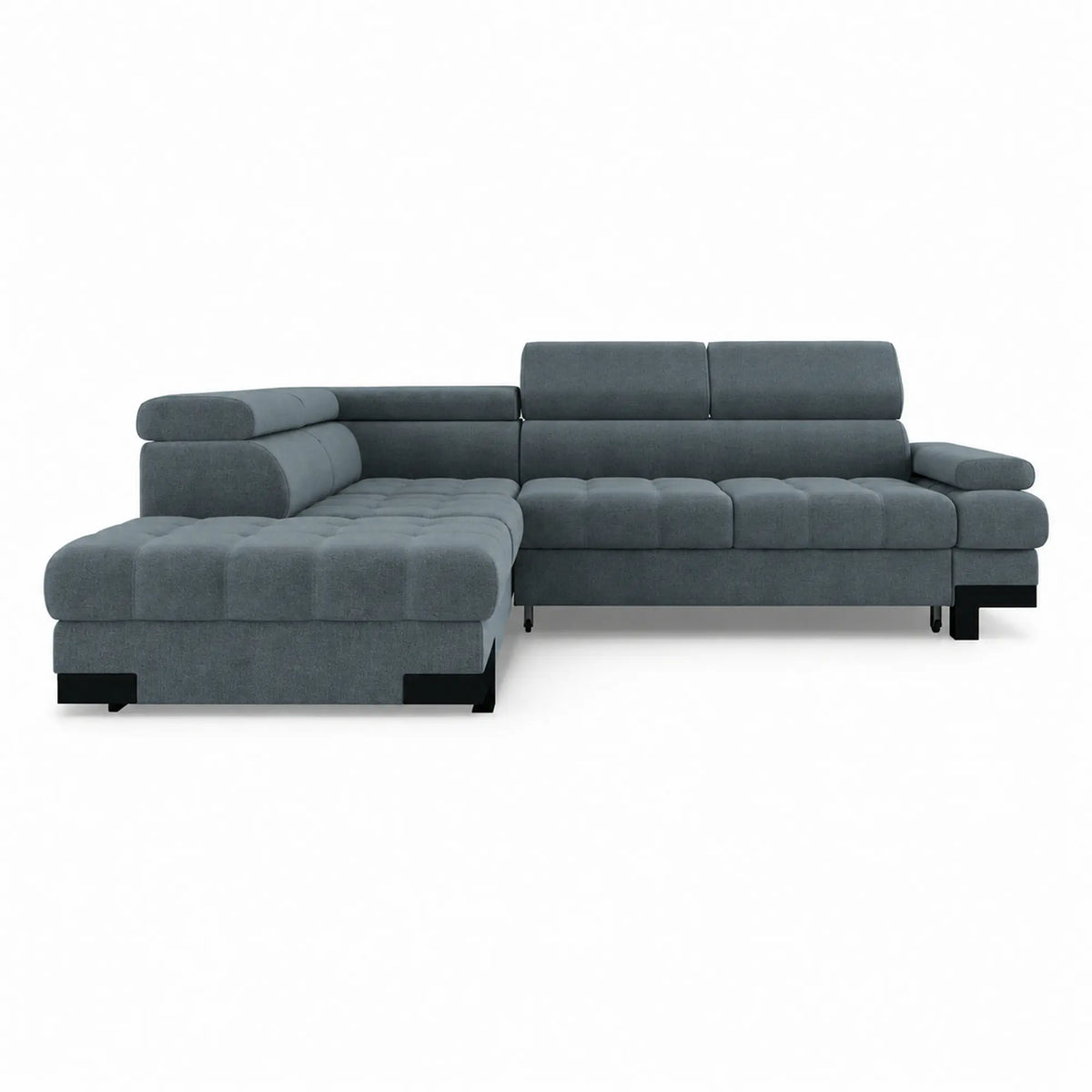 Coltar extensibil SELVA L, sezlong stanga, stofa catifelata albastru - Palladium 14, cu lada depozitare si tetiere reglabile, 263x223x95 cm