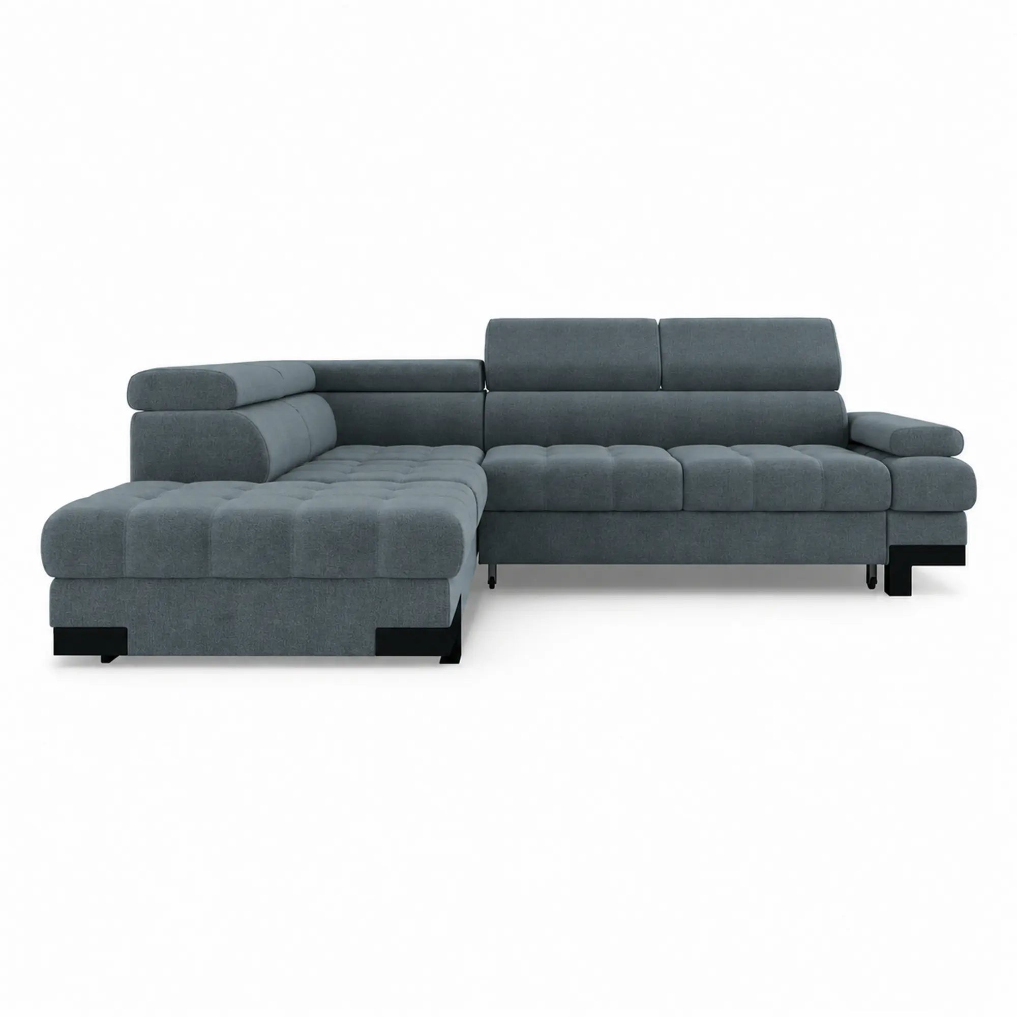Coltar extensibil SELVA L, sezlong stanga, stofa catifelata albastru - Palladium 14, cu lada depozitare si tetiere reglabile, 263x223x95 cm