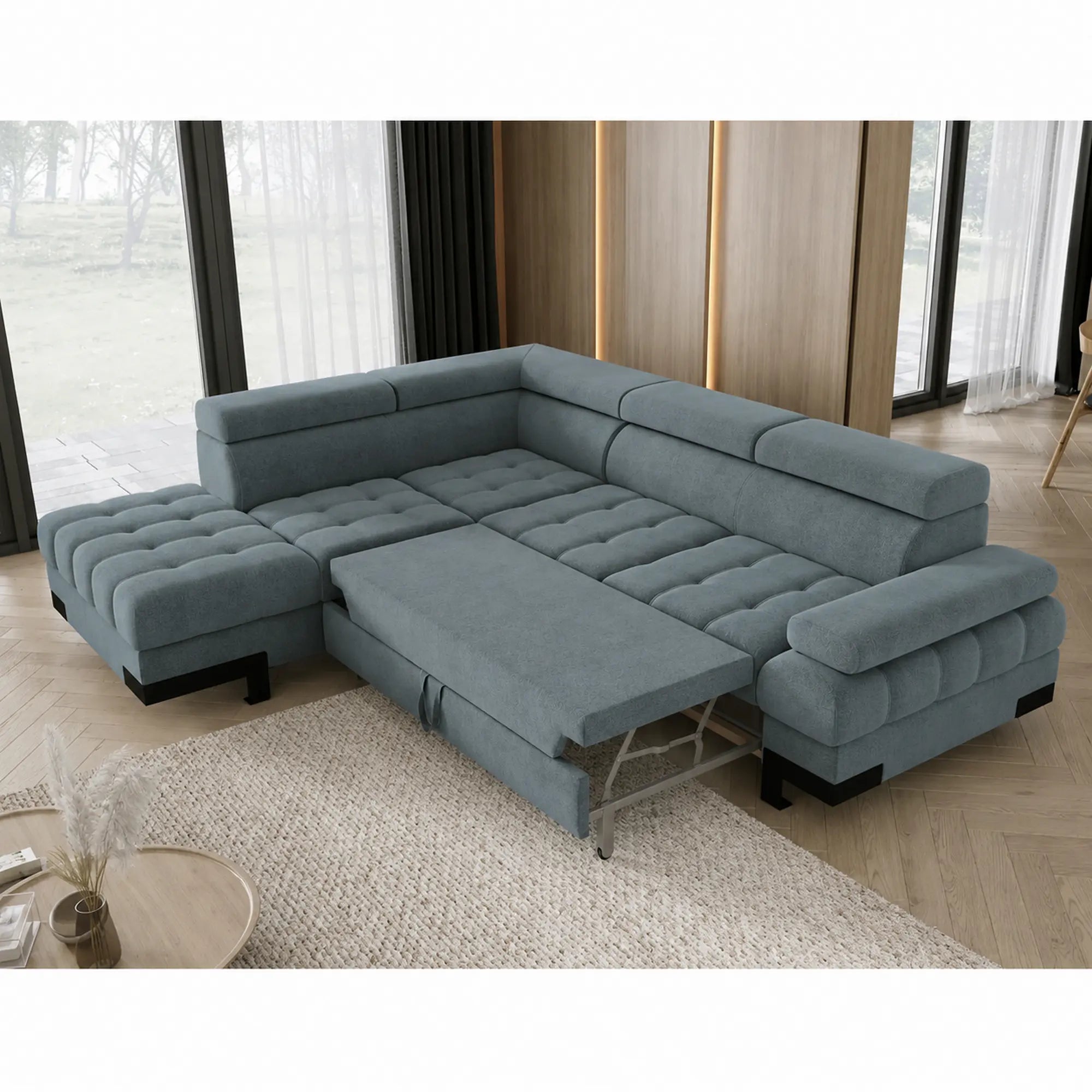 Coltar extensibil SELVA L, sezlong stanga, stofa catifelata albastru - Palladium 14, cu lada depozitare si tetiere reglabile, 263x223x95 cm