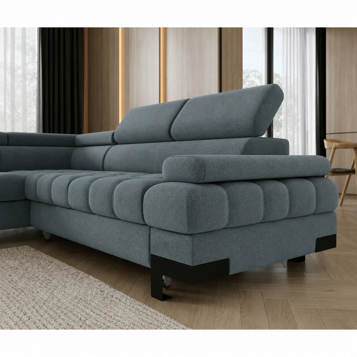 Coltar extensibil SELVA L, sezlong stanga, stofa catifelata albastru - Palladium 14, cu lada depozitare si tetiere reglabile, 263x223x95 cm