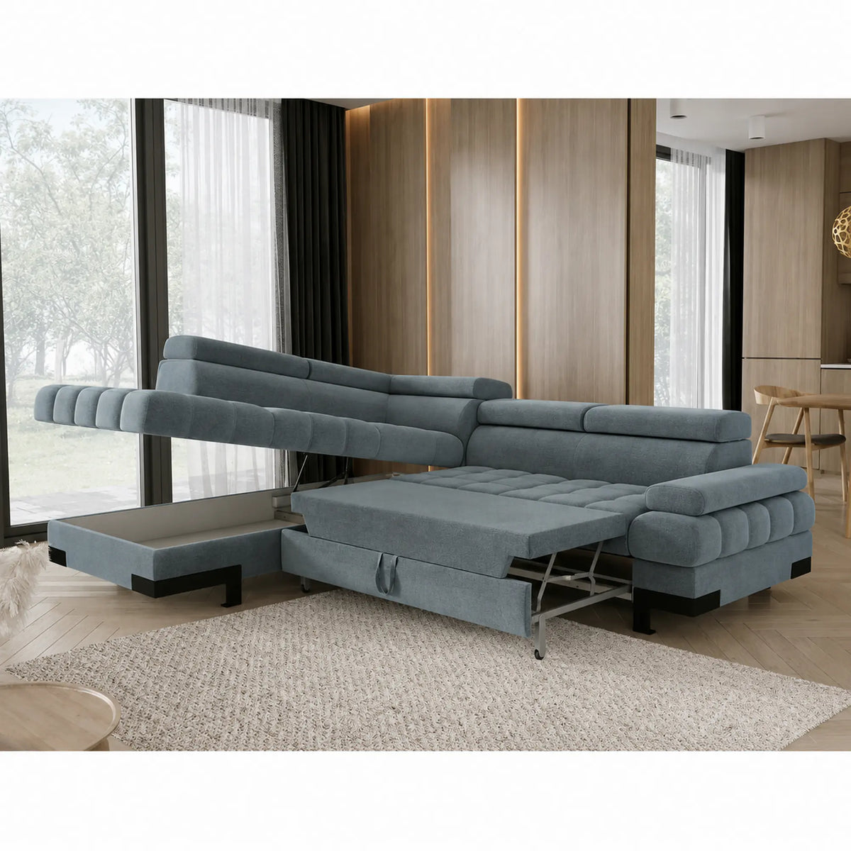Coltar extensibil SELVA L, sezlong stanga, stofa catifelata albastru - Palladium 14, cu lada depozitare si tetiere reglabile, 263x223x95 cm