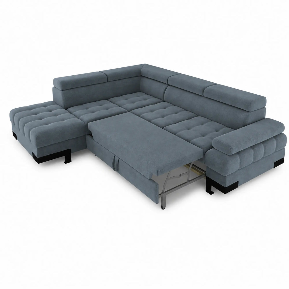 Coltar extensibil SELVA L, sezlong stanga, stofa catifelata albastru - Palladium 14, cu lada depozitare si tetiere reglabile, 263x223x95 cm