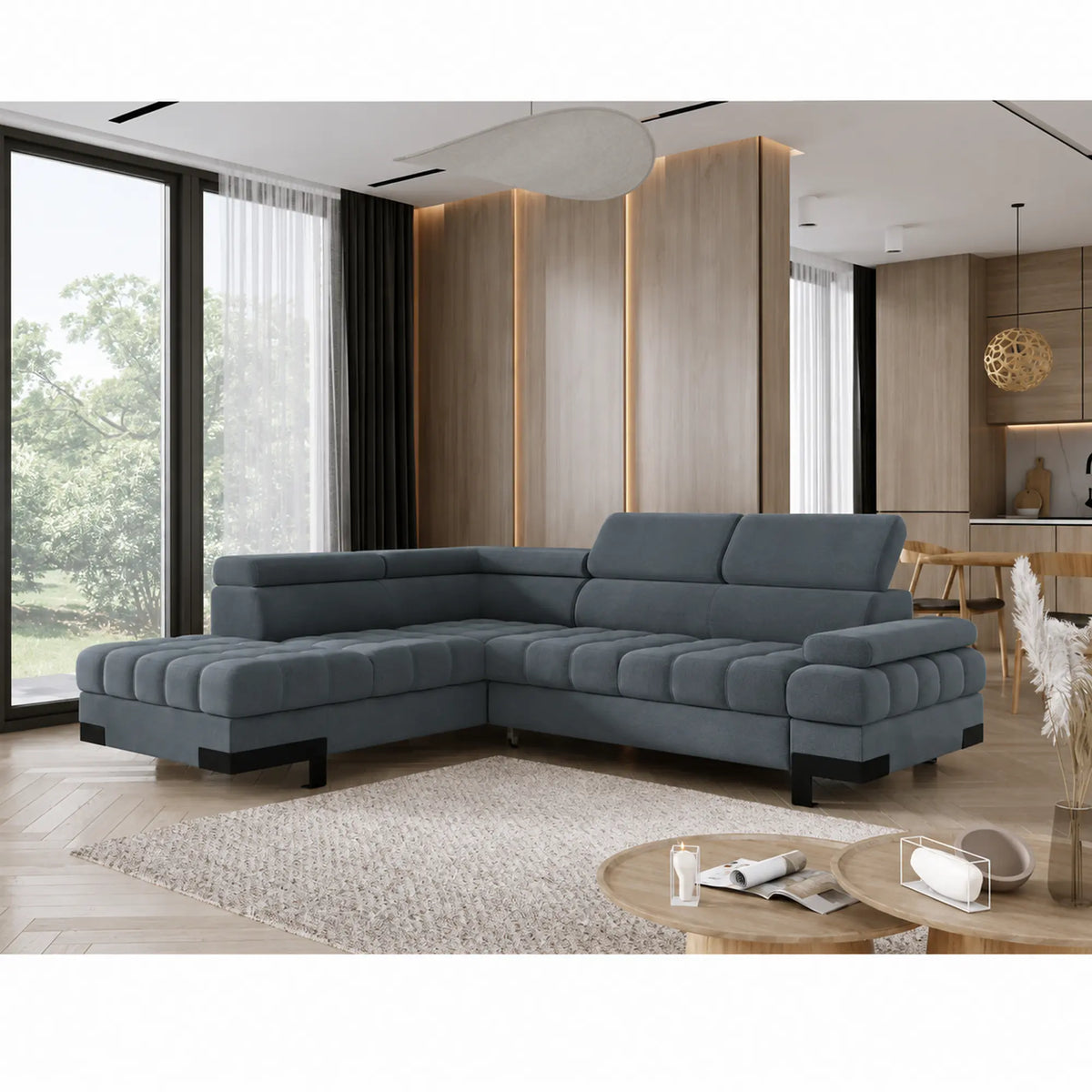 Coltar extensibil SELVA L, sezlong stanga, stofa catifelata turcoaz inchis - Riviera 87, cu lada depozitare si tetiere reglabile,  263x223x95 cm