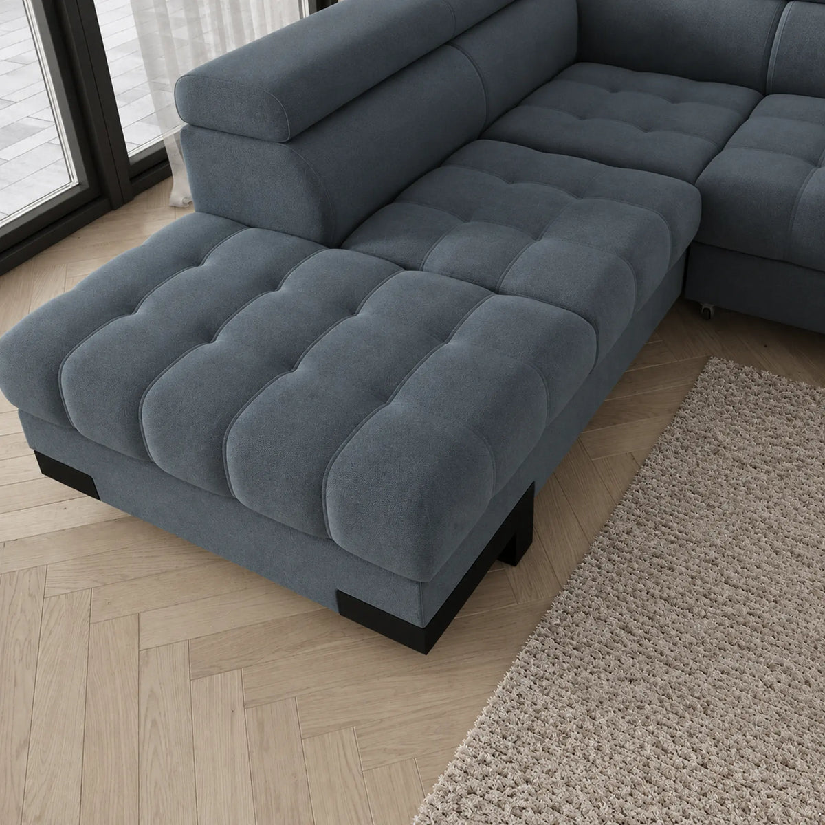 Coltar extensibil SELVA L, sezlong stanga, stofa catifelata turcoaz inchis - Riviera 87, cu lada depozitare si tetiere reglabile,  263x223x95 cm