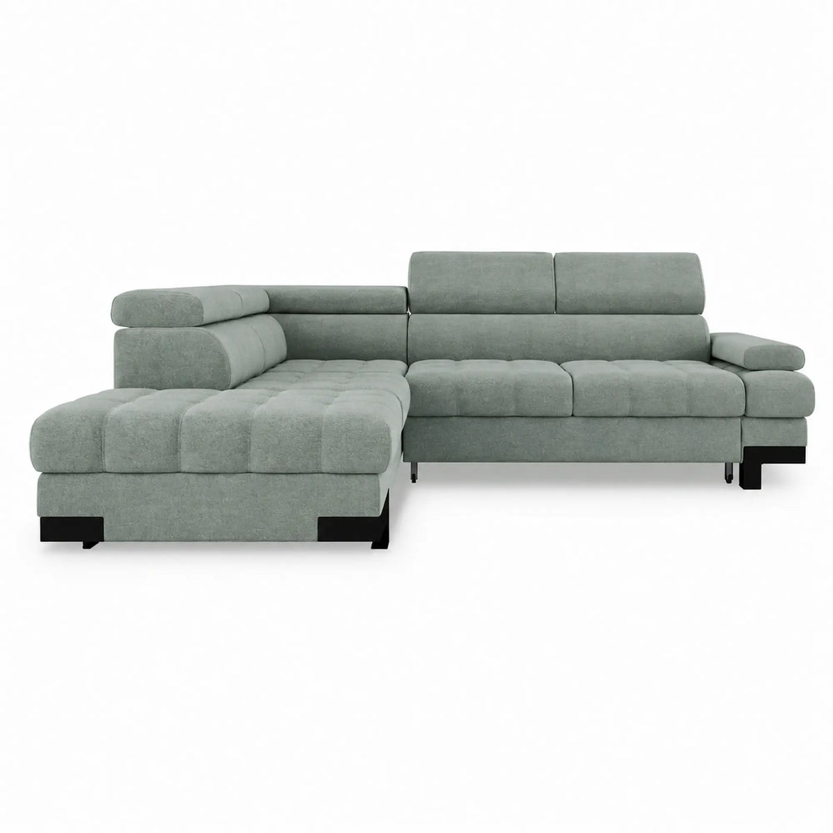 Coltar extensibil SELVA L, sezlong stanga, stofa catifelata verde menta - Salvador 12, cu lada depozitare si tetiere reglabile,  263x223x95 cm