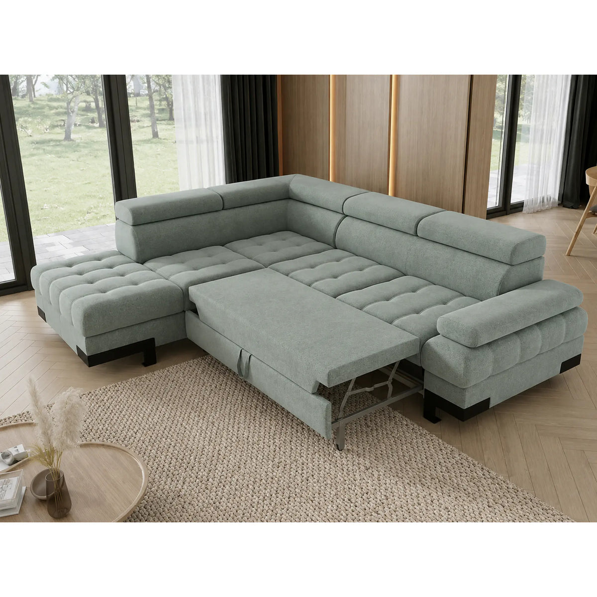 Coltar extensibil SELVA L, sezlong stanga, stofa catifelata verde menta - Salvador 12, cu lada depozitare si tetiere reglabile,  263x223x95 cm