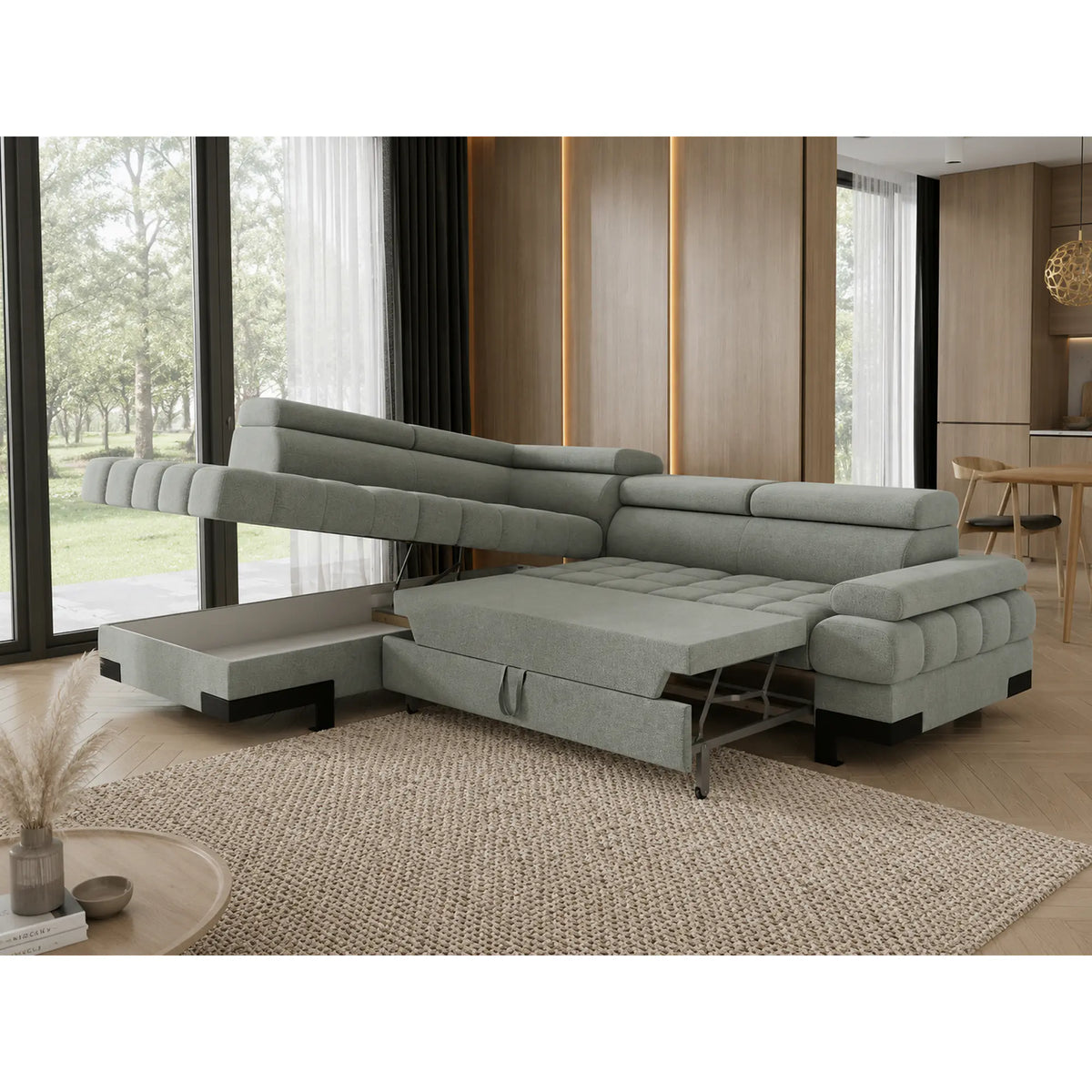 Coltar extensibil SELVA L, sezlong stanga, stofa catifelata verde menta - Salvador 12, cu lada depozitare si tetiere reglabile,  263x223x95 cm